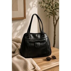 Vintage Black Structured Handbag Purse Shoulder Bag Taiwan 80s 90s Faux Leather